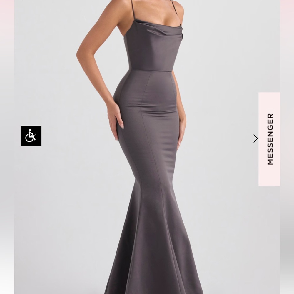 NWOT HOUSE OF CB Violette Satin Mermaid Gown in Dark Grey Size XS